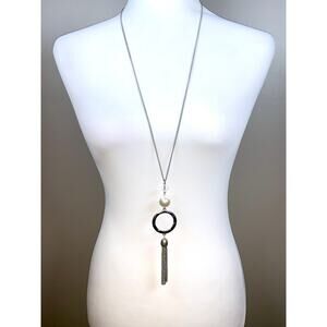 Silver Tone Faux Pearl Glass Bead Textured Hoop Tassel Long Necklace